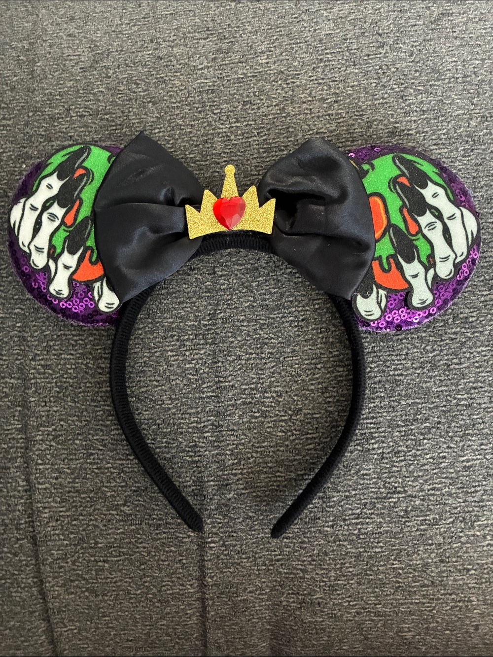 Wicked Queen Purple Sequin Skull Ears Headband with Black Bow & Gold Crown